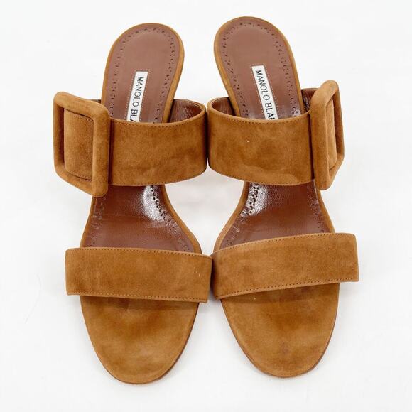 Manolo Blahnik Gable Camel Brown Suede Buckle Open Toe Stiletto Mules IT 39 - Picture 5 of 10